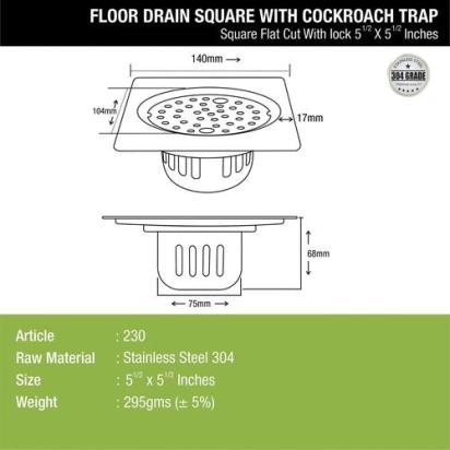 Lipka Square Flat Cut Floor Drain (5.5 x 5.5 Inches) with Lock and Cockroach Trap 1