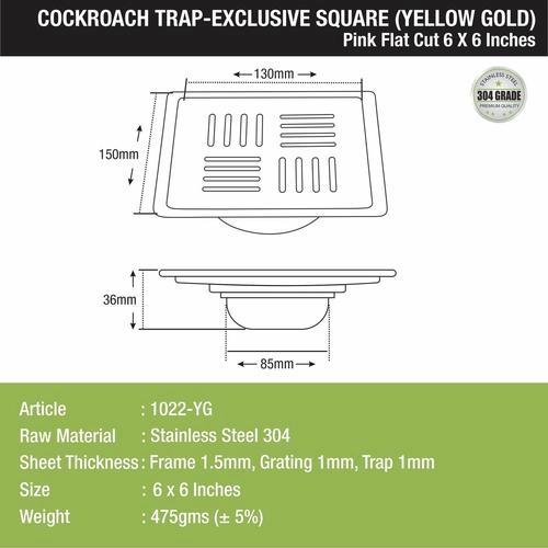 Lipka Pink Exclusive Square Flat Cut Floor Drain in Yellow Gold PVD Coating (6 x 6 Inches) with Cockroach Trap 1