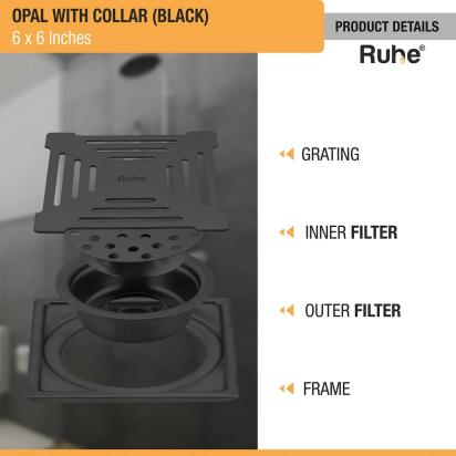 Ruhe Opal Square 304-Grade Floor Drain in Black PVD Coating 6 x 6 Inches by Ruhe : Colours available: Black 1 2