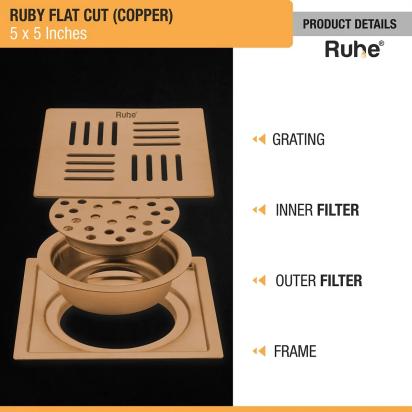 Ruby Square Flat Cut Floor Drain in Antique Copper PVD Coating 5 x 5 Inches by Ruhe : Colours available: Copper 1 2