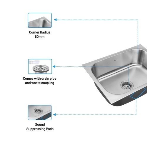 Glen Stainless Steel Grade 304 Sink for Kitchen, Single Bowl Press Sink 24x18x8 inches, Matte Finish (KS-SP24188SBM) 1