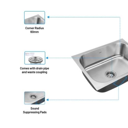 Glen Stainless Steel Grade 304 Sink for Kitchen, Single Bowl Press Sink 24x18x8 inches, Matte Finish (KS-SP24188SBM) 1