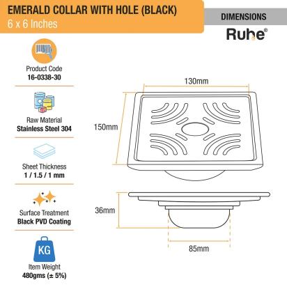 Ruhe Emerald Square 304-Grade Floor Drain in Black PVD Coating with Hole by Ruhe : Colours available: Black 1 1