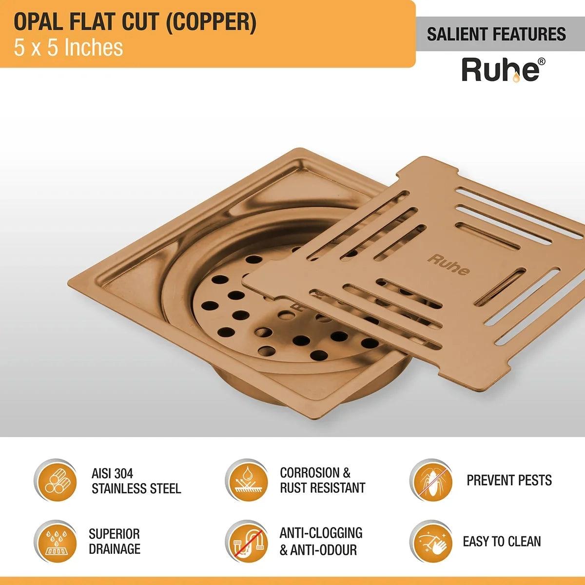 Ruhe Opal Square Flat Cut Floor Drain in Antique Copper PVD Coating 5 x 5 Inches 3