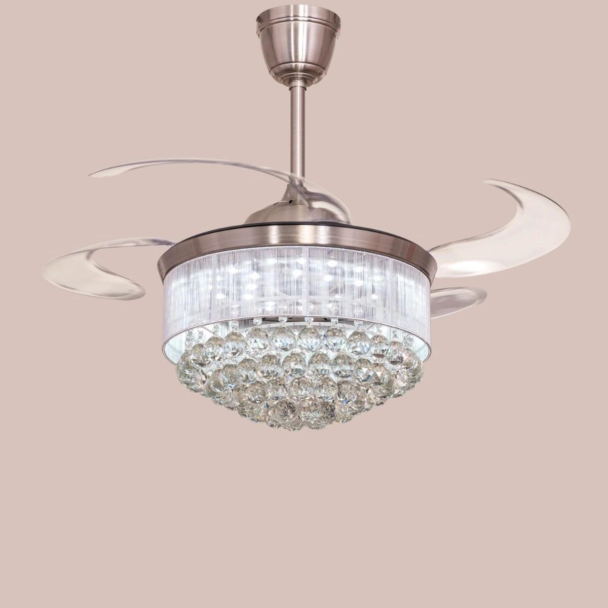TheWhiteTeak Drop Dead Gorgeous (112 cm Span, Chrome Finish Metal Body With Silver Shade, Transparent ABS) Dimmable LED with Remote Control Crystal Chandelier Ceiling Fan 4