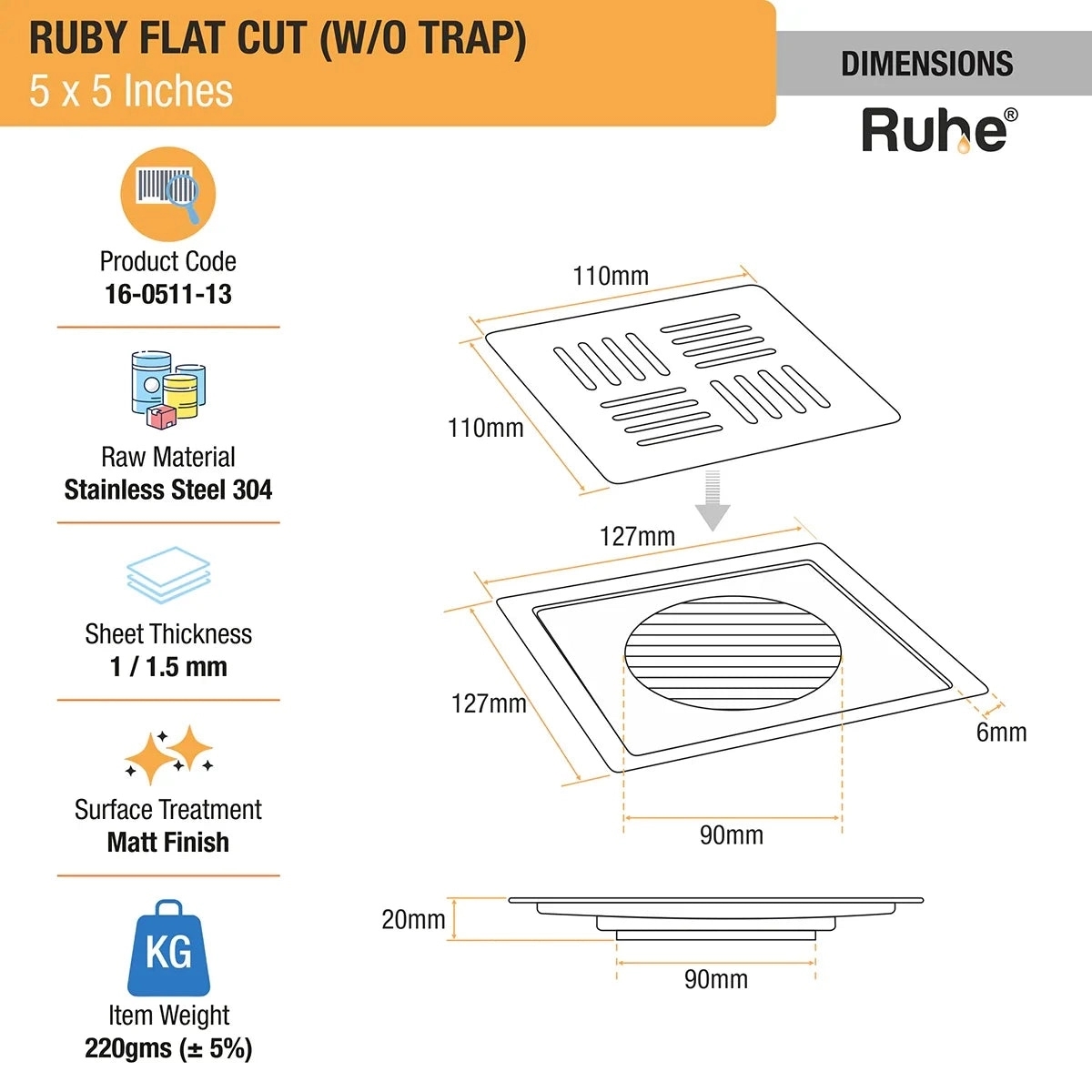 Ruby Square Flat Cut 304-Grade Floor Drain 5 x 5 Inches by Ruhe : Colours available: Silver 1 1