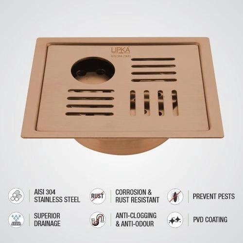 Lipka Pink Exclusive Square Flat Cut Floor Drain in Antique Copper PVD Coating (5 x 5 Inches) with Hole & Cockroach Trap 3
