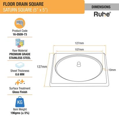 Ruhe Saturn Square Floor Drain 5 x 5 Inches with Lid by Ruhe : Colours available: Silver 3 1