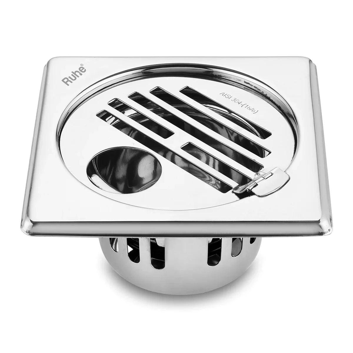 Ruhe Classic Square 304-Grade Floor Drain with Collar Hinge Hole and Cockroach Trap 5 x 5 Inches