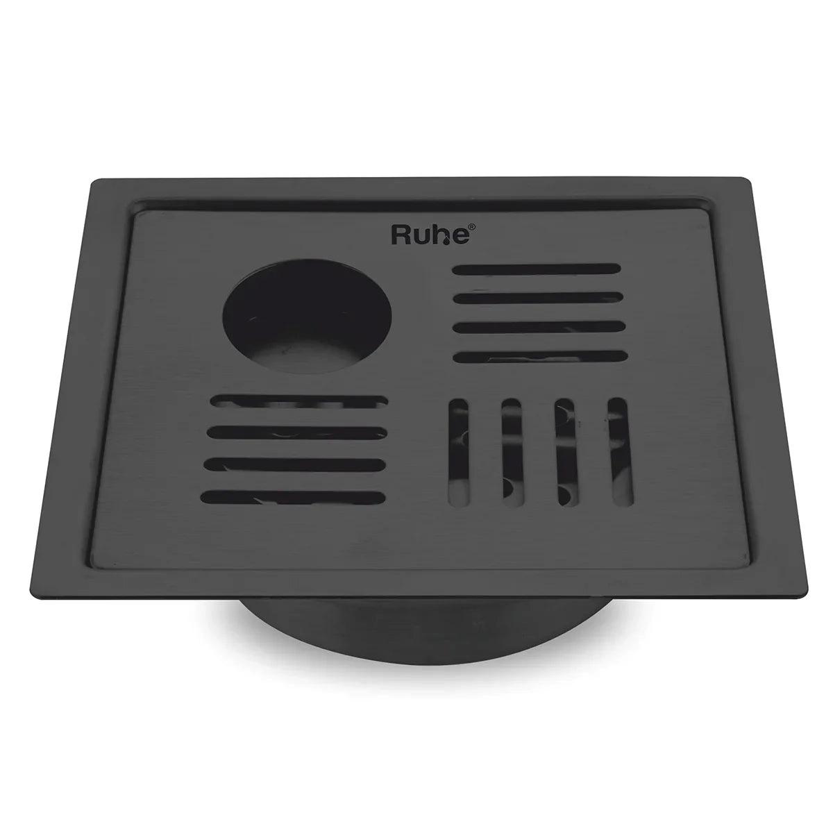 Ruhe Ruby Square Flat Cut Floor Drain in Black PVD Coating with Hole - 6 x 6 Inches