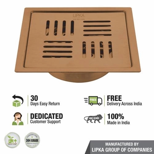 Lipka Pink Exclusive Square Flat Cut Floor Drain in Antique Copper PVD Coating (6 x 6 Inches) with Cockroach Trap 4