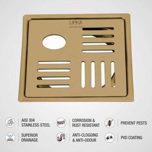 Lipka Pink Exclusive Square Flat Cut Floor Drain in Yellow Gold PVD Coating (6 x 6 Inches) with Hole 2