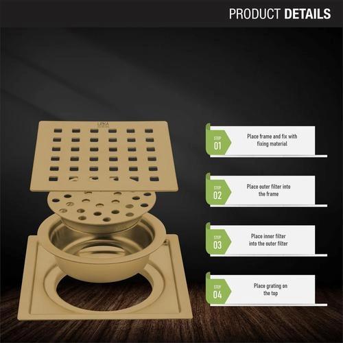 Lipka Red Exclusive Square Flat Cut Floor Drain in Yellow Gold PVD Coating (5 x 5 Inches) with Cockroach Trap 2
