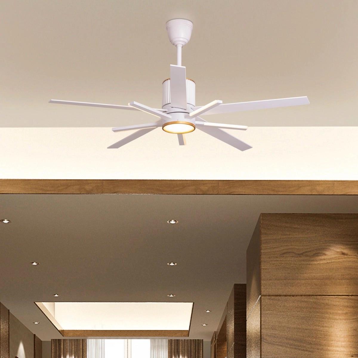 TheWhiteTeak Serengeti (142 cm Span, White & Gold Finish Metal Body, White Finish Solid Wood Blades) Dimmable LED With Remote Control Ceiling Fan