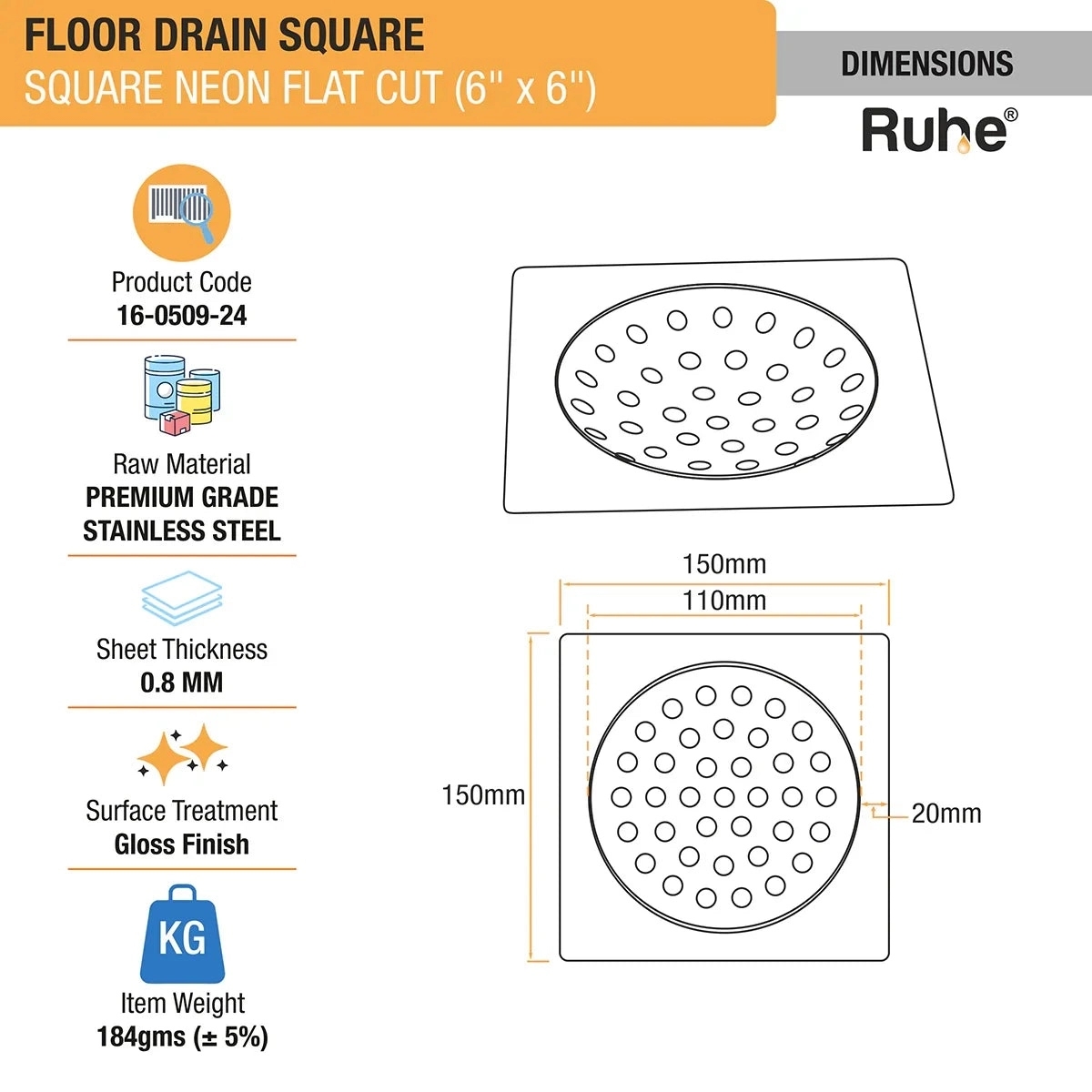 Ruhe Square Neon Floor Drain Flat Cut 6 x 6 inches by Ruhe : Colours available: Silver 1 1