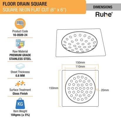 Ruhe Square Neon Floor Drain Flat Cut 6 x 6 inches by Ruhe : Colours available: Silver 1 1