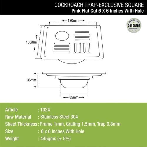 Lipka Pink Exclusive Square Flat Cut Floor Drain (6 x 6 Inches) with Hole and Cockroach Trap 1