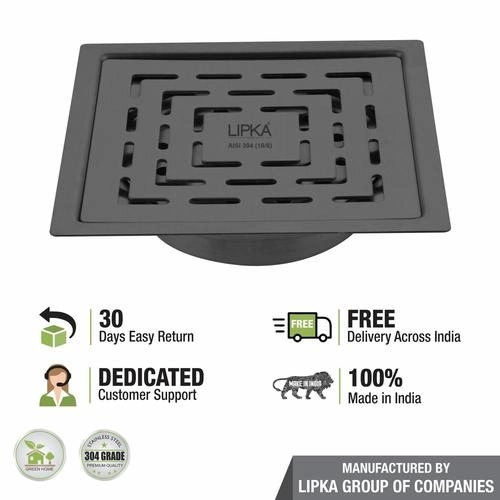 Lipka Orange Exclusive Square Flat Cut Floor Drain in Black PVD Coating (6 x 6 Inches) with Cockroach Trap 5