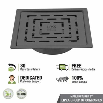 Lipka Orange Exclusive Square Flat Cut Floor Drain in Black PVD Coating (6 x 6 Inches) with Cockroach Trap 5