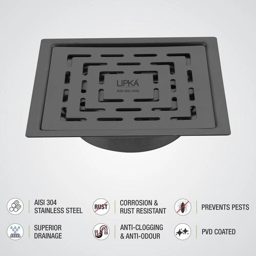 Lipka Orange Exclusive Square Flat Cut Floor Drain in Black PVD Coating (6 x 6 Inches) with Cockroach Trap 4