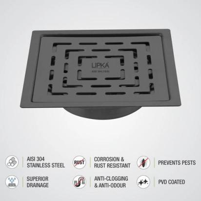 Lipka Orange Exclusive Square Flat Cut Floor Drain in Black PVD Coating (6 x 6 Inches) with Cockroach Trap 4