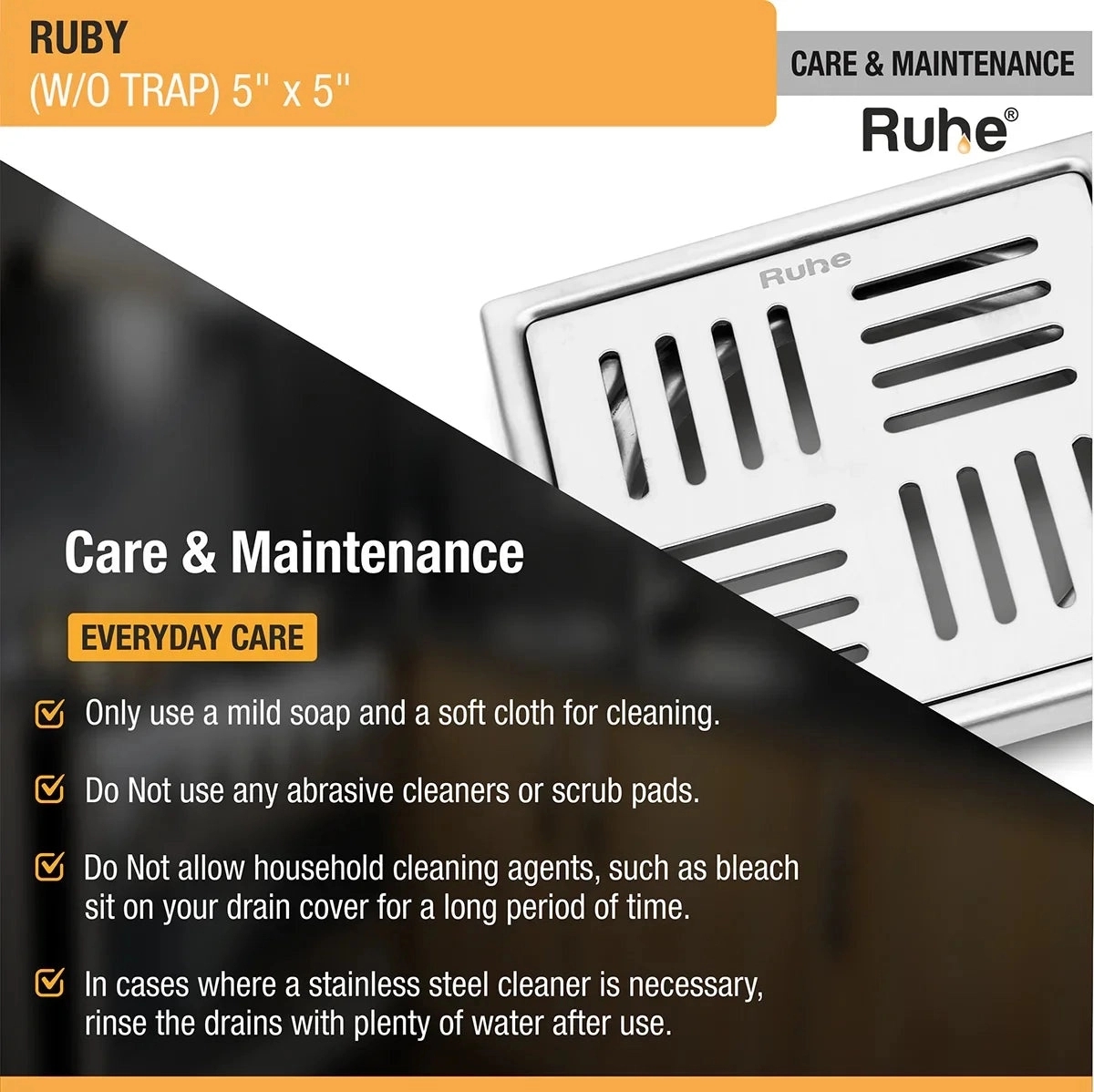 Ruby Square 304-Grade Floor Drain 5 x 5 Inches by Ruhe : Colours available: Silver 3 5