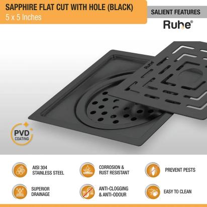 Ruhe Sapphire Square Flat Cut Floor Drain in Black PVD Coating 5 x 5 Inches with Hole by Ruhe : Colours available: Black 4 3