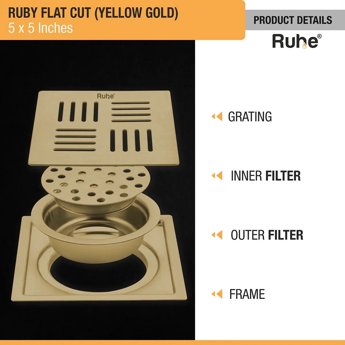 Ruhe Ruby Square Flat Cut Floor Drain in Yellow Gold PVD Coating - 5 x 5 Inches by Ruhe : Colours available: Gold 2 2