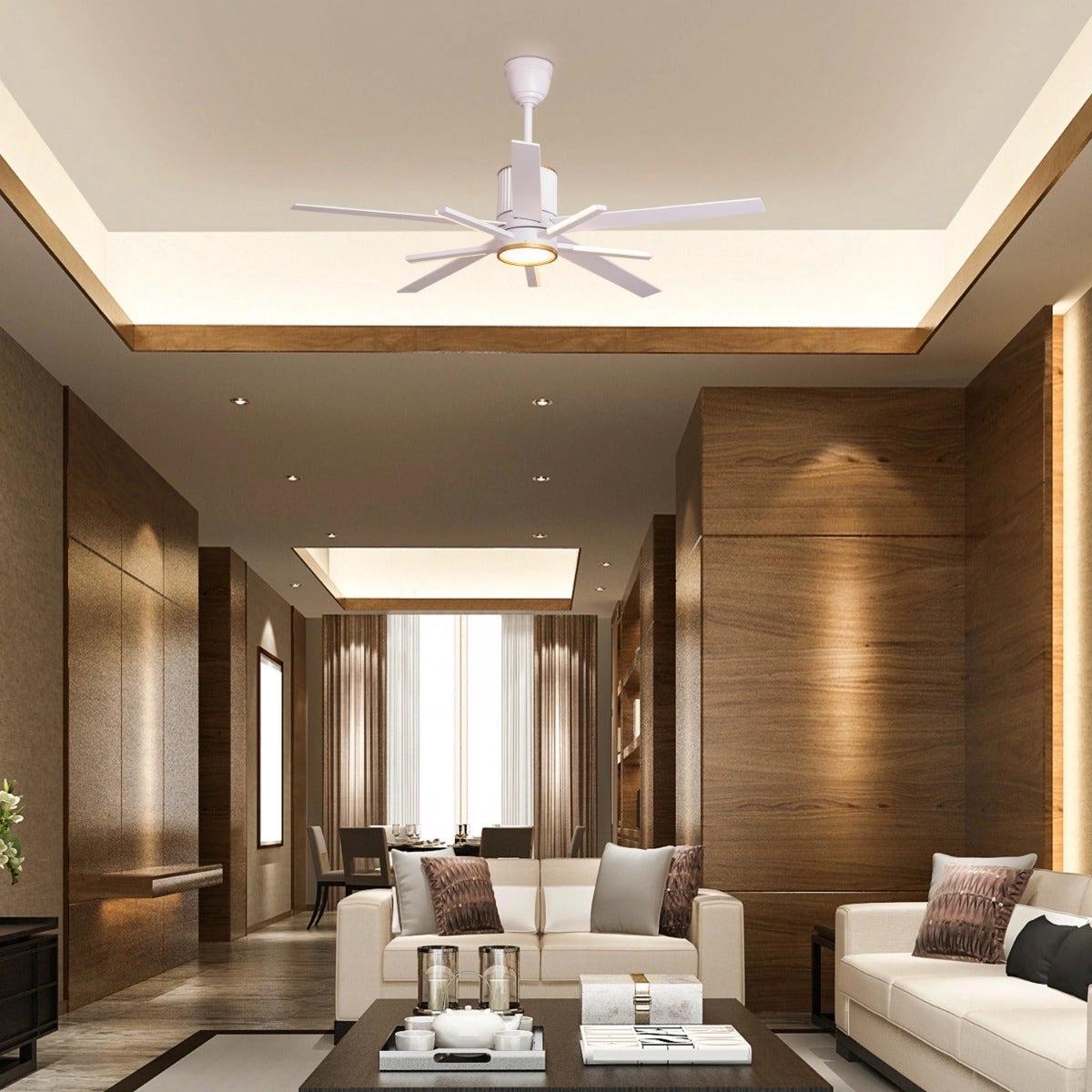 TheWhiteTeak Serengeti (142 cm Span, White & Gold Finish Metal Body, White Finish Solid Wood Blades) Dimmable LED With Remote Control Ceiling Fan 1