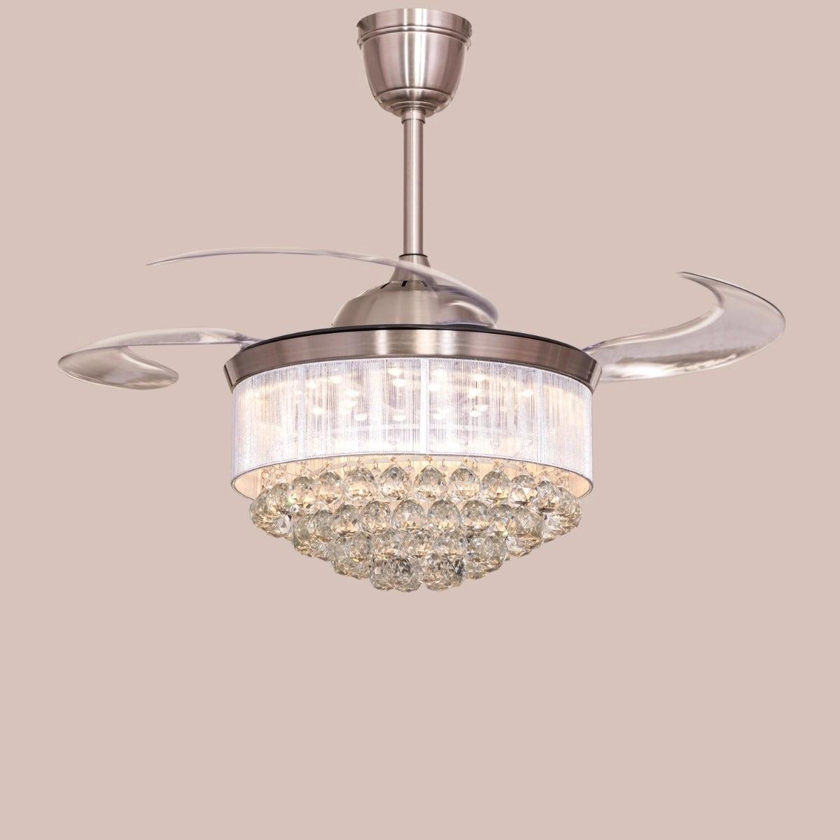 TheWhiteTeak Drop Dead Gorgeous (112 cm Span, Chrome Finish Metal Body With Silver Shade, Transparent ABS) Dimmable LED with Remote Control Crystal Chandelier Ceiling Fan 2