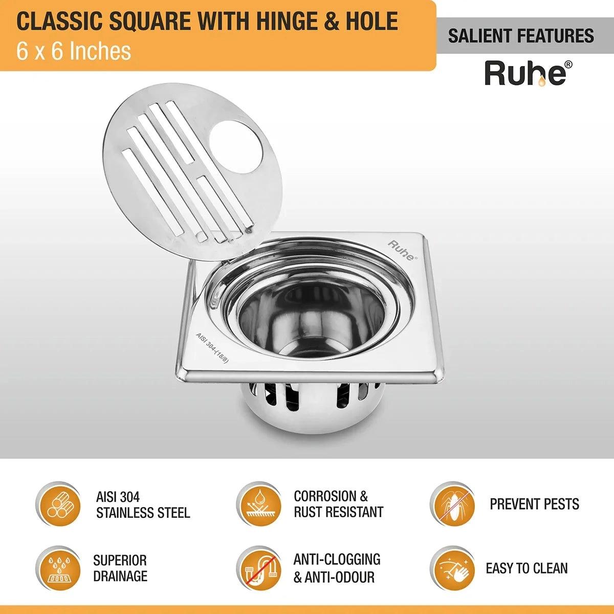 Ruhe Classic Square 304-Grade Floor Drain with Collar Hinge Hole and Cockroach Trap 6 x 6 Inches 2