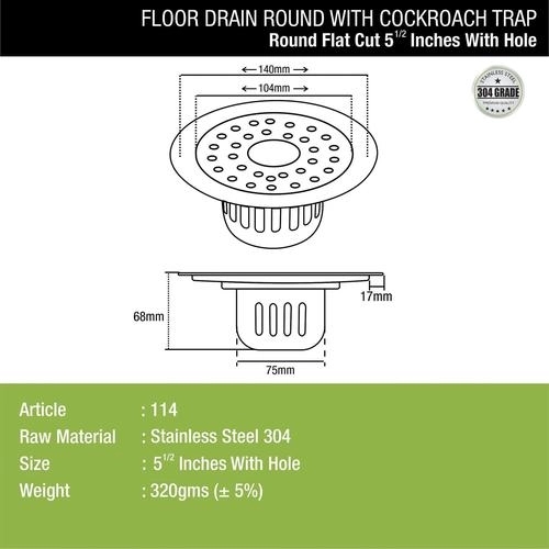 Lipka Round Flat Cut Floor Drain (5.5 inches) with Cockroach Trap & Hole 1