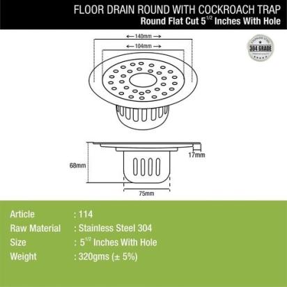 Lipka Round Flat Cut Floor Drain (5.5 inches) with Cockroach Trap & Hole 1