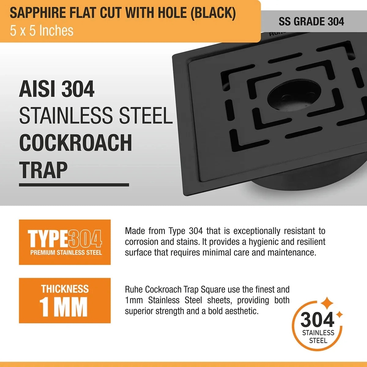 Ruhe Sapphire Square Flat Cut Floor Drain in Black PVD Coating 5 x 5 Inches with Hole by Ruhe : Colours available: Black 2 5