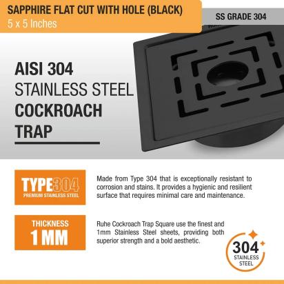 Ruhe Sapphire Square Flat Cut Floor Drain in Black PVD Coating 5 x 5 Inches with Hole by Ruhe : Colours available: Black 2 5