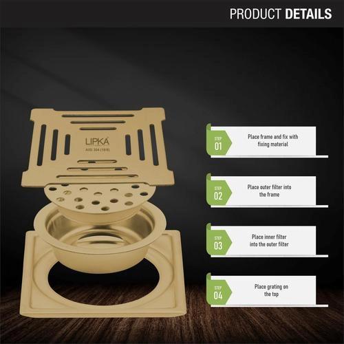 Lipka Green Exclusive Square Floor Drain in Yellow Gold PVD Coating (6 x 6 Inches) with Cockroach Trap 2