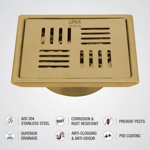 Lipka Pink Exclusive Square Floor Drain in Yellow Gold PVD Coating (5 x 5 Inches) with Cockroach Trap 3
