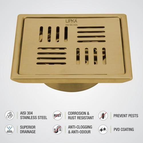 Lipka Pink Exclusive Square Floor Drain in Yellow Gold PVD Coating (5 x 5 Inches) with Cockroach Trap 3
