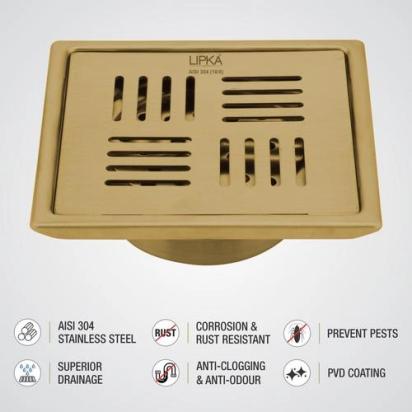 Lipka Pink Exclusive Square Floor Drain in Yellow Gold PVD Coating (5 x 5 Inches) with Cockroach Trap 3