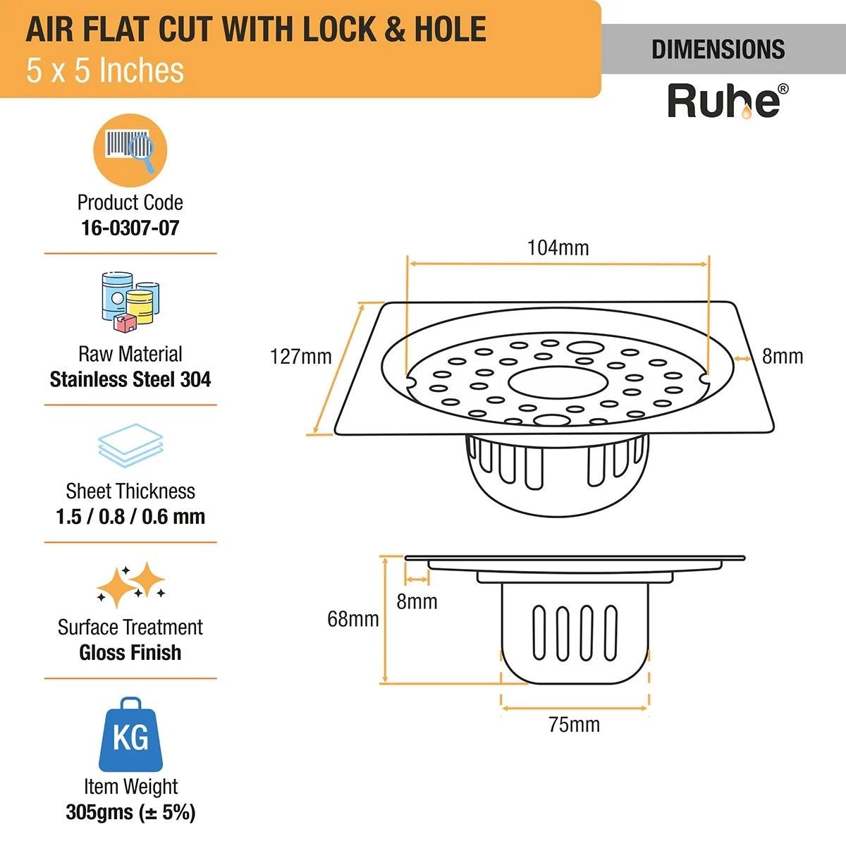 Ruhe Air Square Flat Cut 304-Grade Floor Drain with Lock Hole and Cockroach Trap 5 x 5 Inches 1