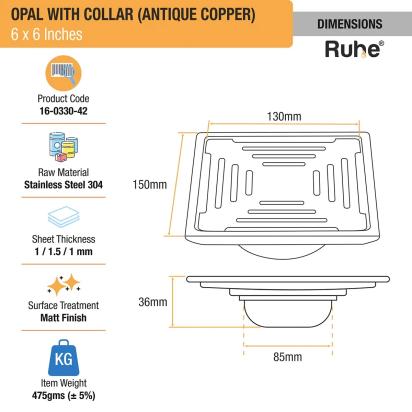 Ruhe Opal Square Flat Cut Floor Drain in Antique Copper PVD Coating 6 x 6 Inches by Ruhe : Colours available: Copper 2 1