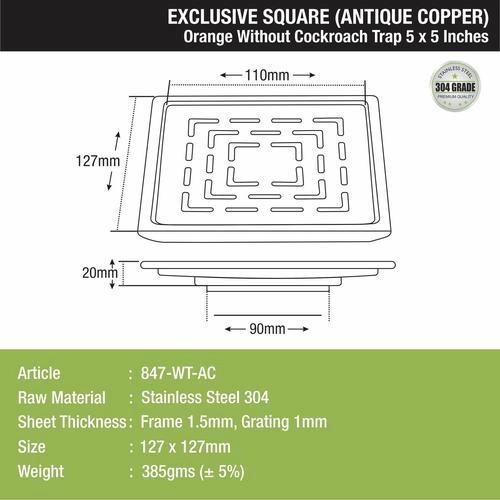 Lipka Orange Exclusive Square Floor Drain in Antique Copper PVD Coating (5 x 5 Inches) 1