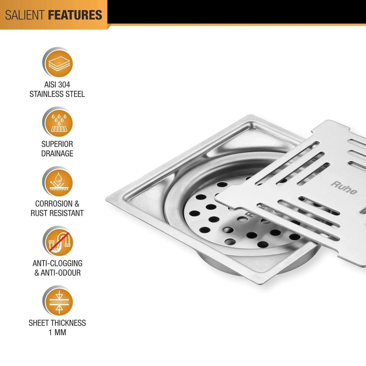 Ruhe Opal Square Flat Cut 304-Grade Floor Drain with Cockroach Trap 5 x 5 Inches 3