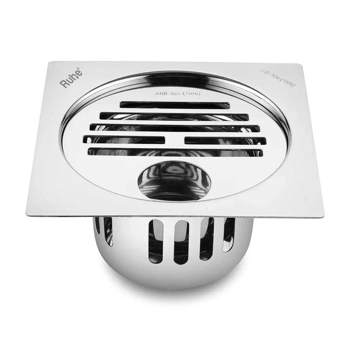 Ruhe Classic Square Flat Cut 304-Grade Floor Drain with Hole and Cockroach Trap 5 x 5 Inches