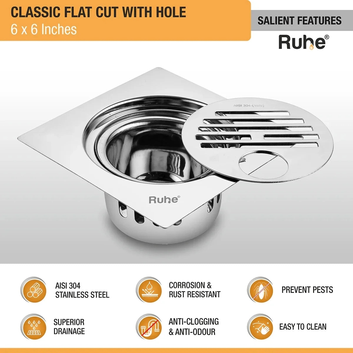 Ruhe Classic Square Flat Cut 304-Grade Floor Drain with Hole and Cockroach Trap - 6 x 6 Inches by Ruhe : Colours available: Silver 2 2