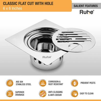 Ruhe Classic Square Flat Cut 304-Grade Floor Drain with Hole and Cockroach Trap - 6 x 6 Inches by Ruhe : Colours available: Silver 2 2