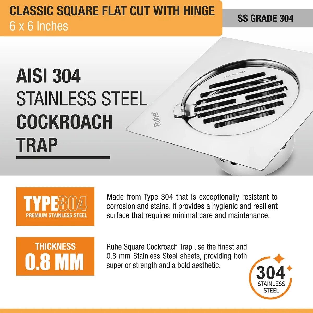 Ruhe Classic Square Flat Cut 304-Grade Floor Drain with Hinge and Cockroach Trap - 6 x 6 Inches 4