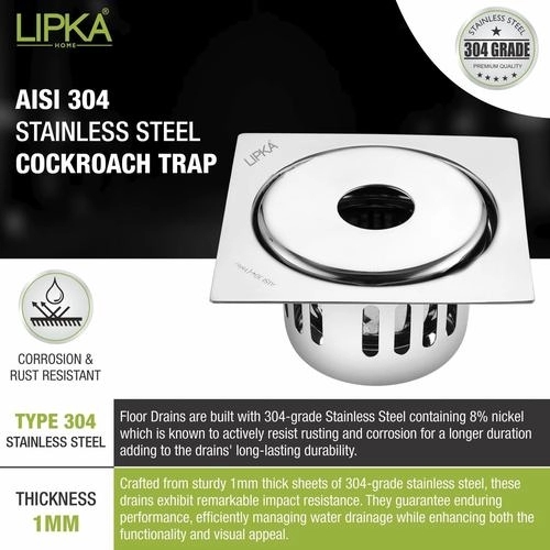 Lipka Full Moon Square Floor Drain (5.5 x 5.5 Inches) with Hole and Cockroach Trap 4