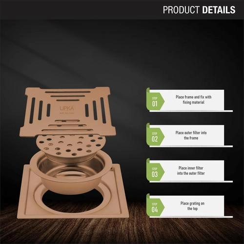 Lipka Green Exclusive Square Flat Cut Floor Drain in Antique Copper PVD Coating (6 x 6 Inches) with Cockroach Trap 2