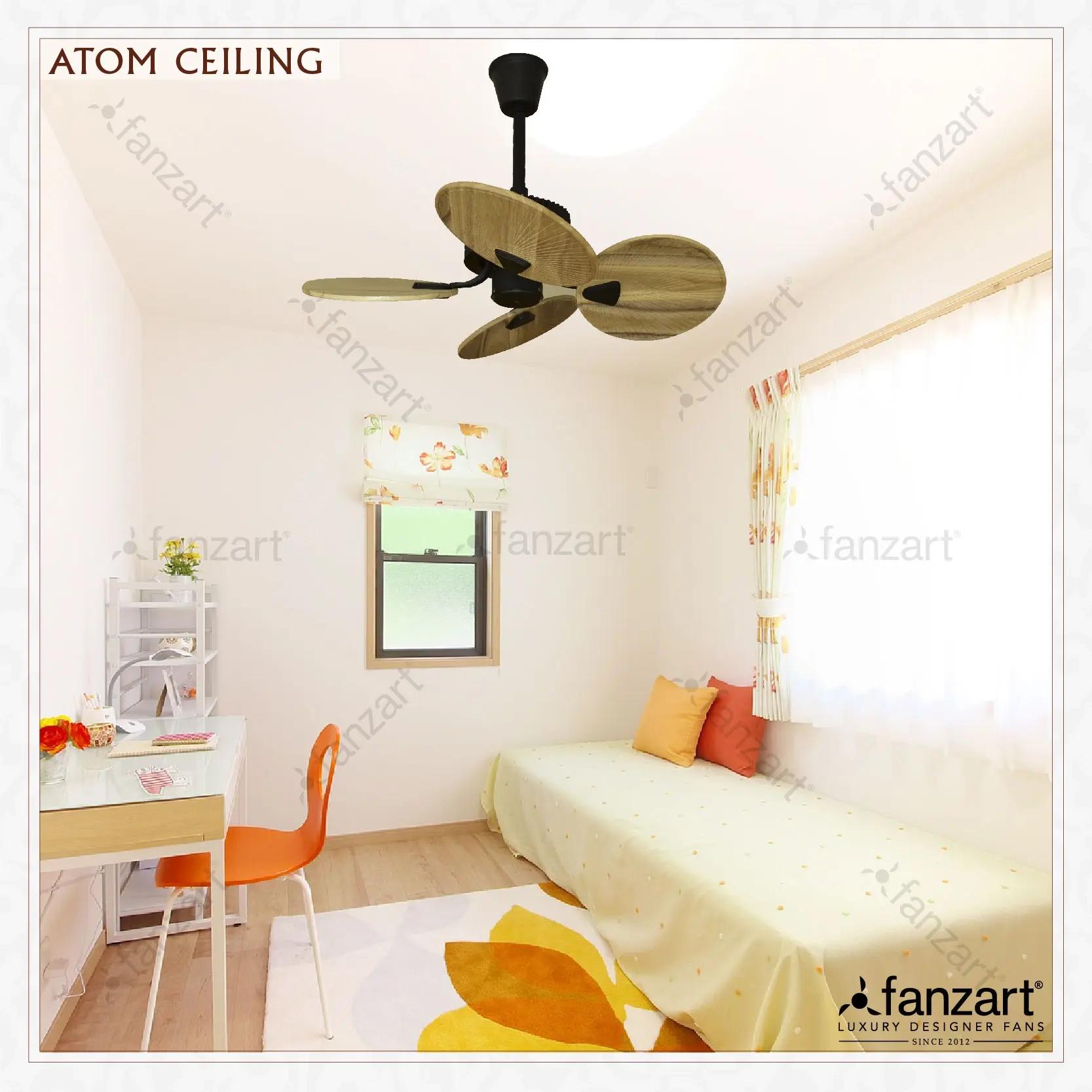 Fanzart Atom Ceiling Mount- 34″ Tropical Fan with 4 x Natural Wooden Blades, Optional Remote Integration